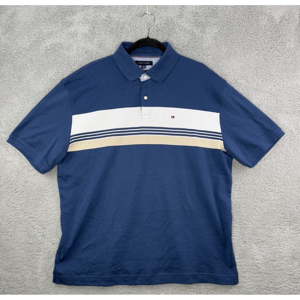 Tommy Hilfiger Men's Classic Fit Flag Rugby Polo Shirt Size XL Blue Striped EUC